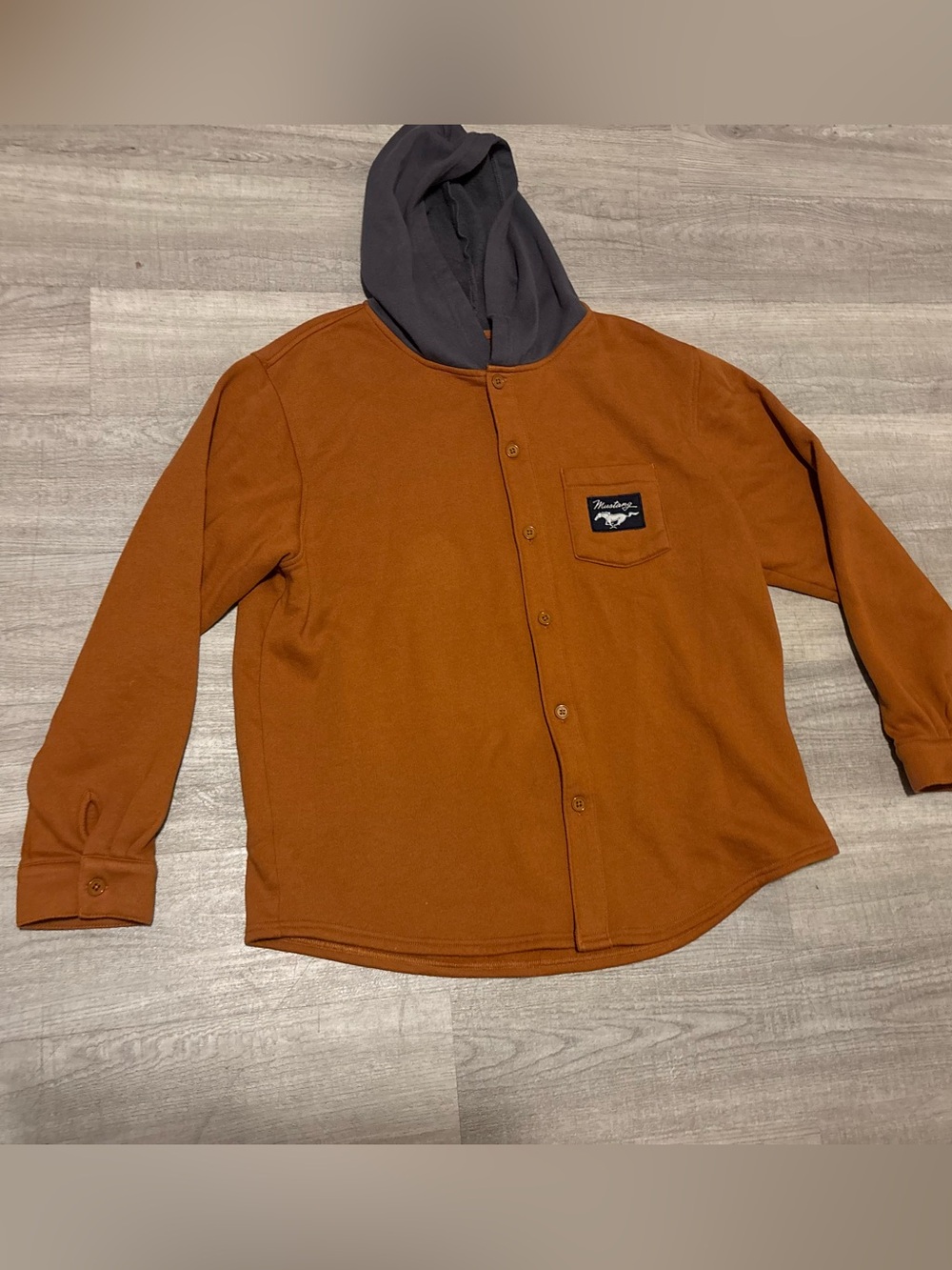 Ford Mustang Shacket Men’s XL Tan Gray Hood Driving Owner Streetwear Automotive